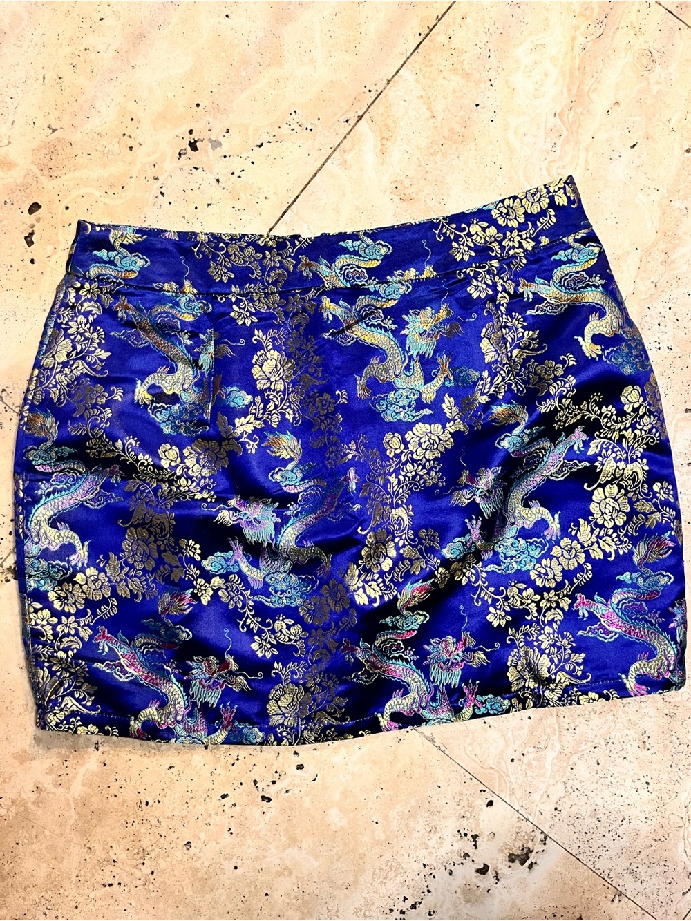SHEIN Royal Blue Satin Brocade Dragon Mini Skirt with Gold Accents